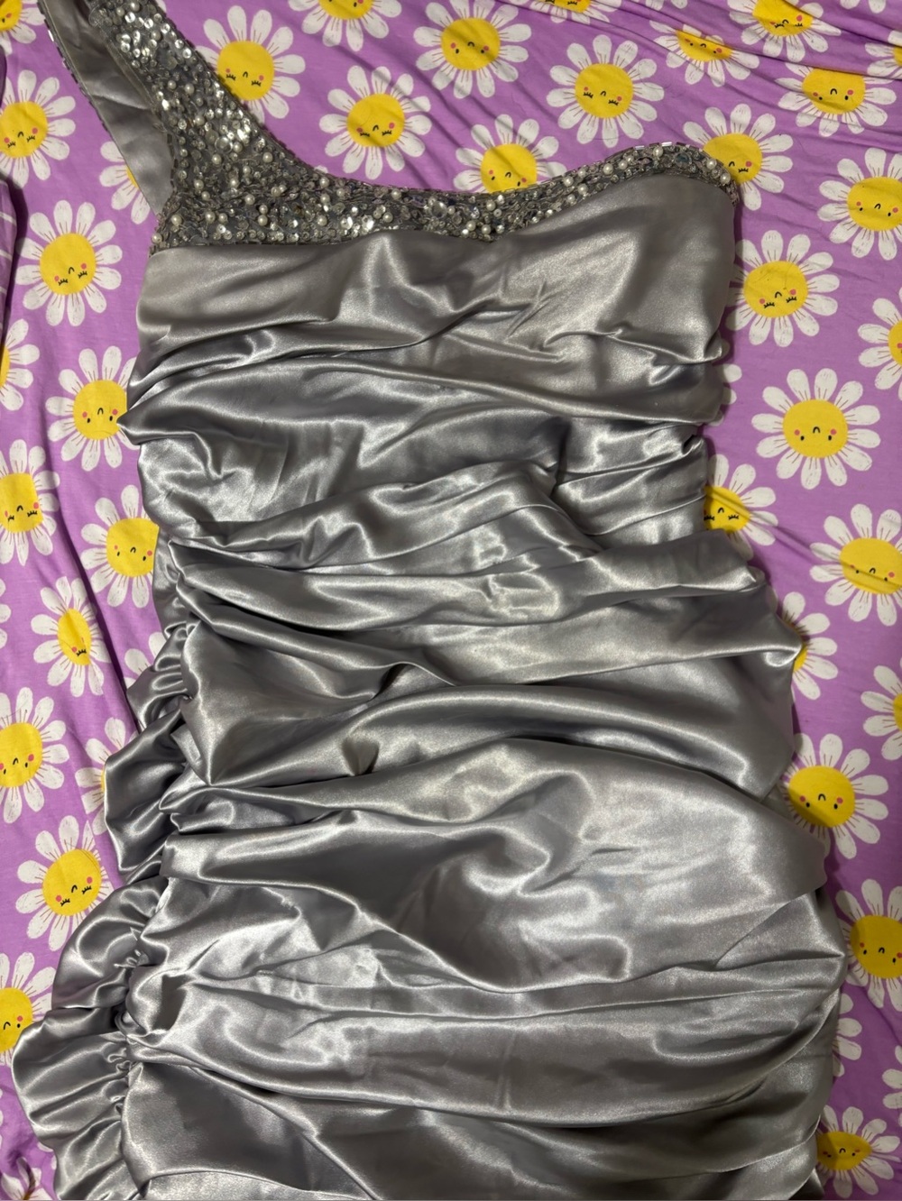 City Studio One-Shoulder Silver Satin Ruched Dress with Beaded Trim